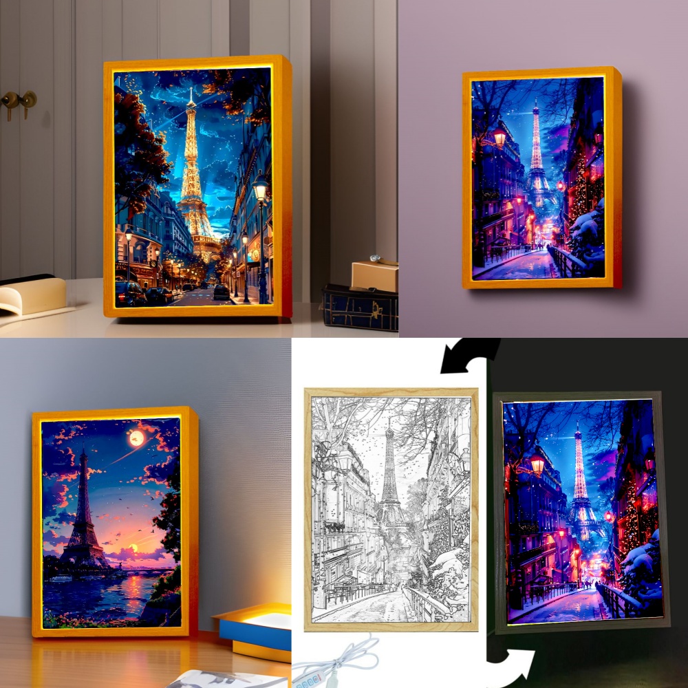 Photography Lighting Board - กรอบรูปไฟ LED กลางคืนแสงไฟปารีสรูปเมืองที่สวยงามโคมไฟผนังโต๊ะข้างเตียงตกแต่งบ้านโคมไฟดวงจันทร์ของขวัญคริสต์มาส